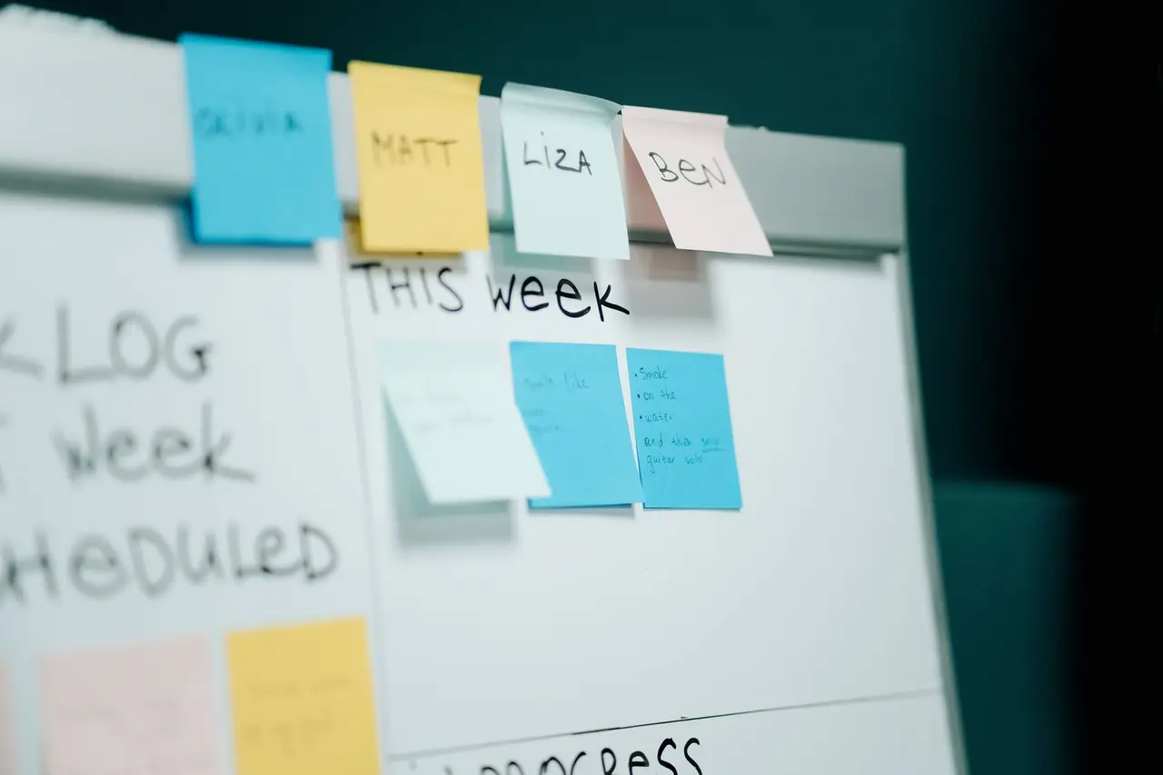 Tablero con el backlog de la semana en notas adhesivas durante la definición del producto